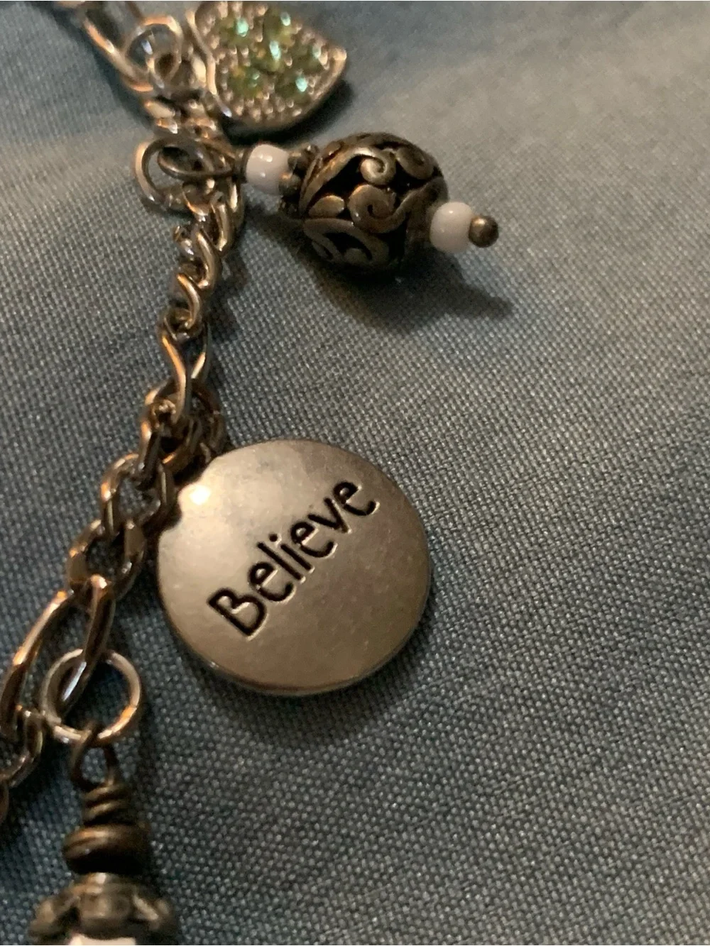Vintage Brighton Silver-Tone Charm Bracelet with Green and Clear Crystal Accents